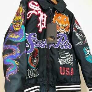 NWT Southpole Varsity Bomber Jacket Black Mens M Zip Tiger 1991 American Dream